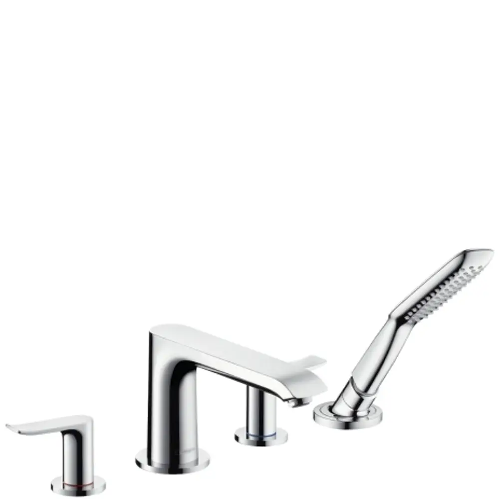 Chromene 4-Loch-Wannenrandarmatur von Hansgrohe mit einem Hauptauslauf und einem Handbrause-Element, das über eine separate Steuerung verfügt.